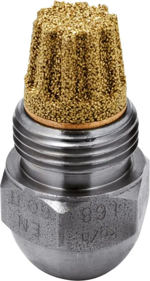 Bosch-Öldüse aus Metall mit goldener Sieboberfläche, genutetem Gewinde und konischem Kopf für die Einspritzung in Heizsysteme.